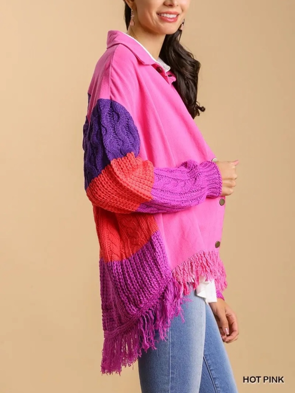 New Umgee Hi Low Fringe Button Down Sweater Shacket Cable Knit Pink Colorblock - Picture 7 of 8